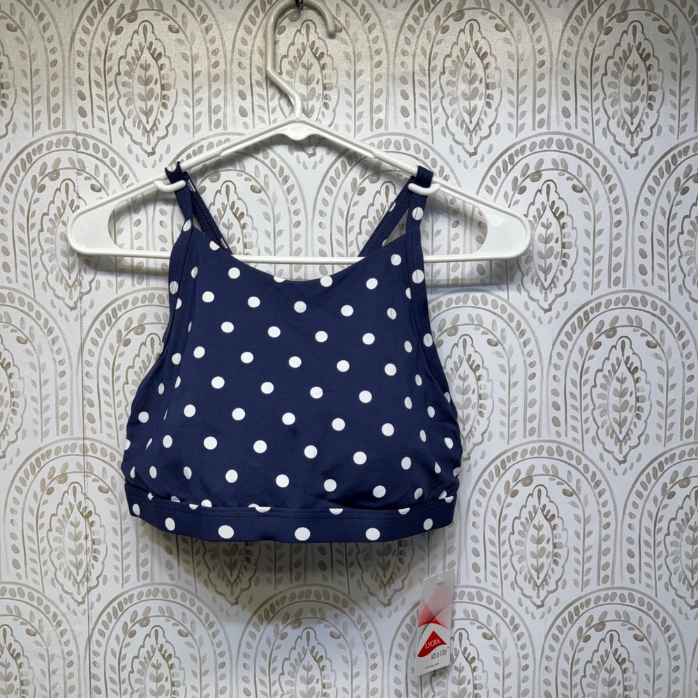 Lands' End Swim Bikini Top Womens 8 Navy Polka‎ Dot High Neck Adjustable Straps